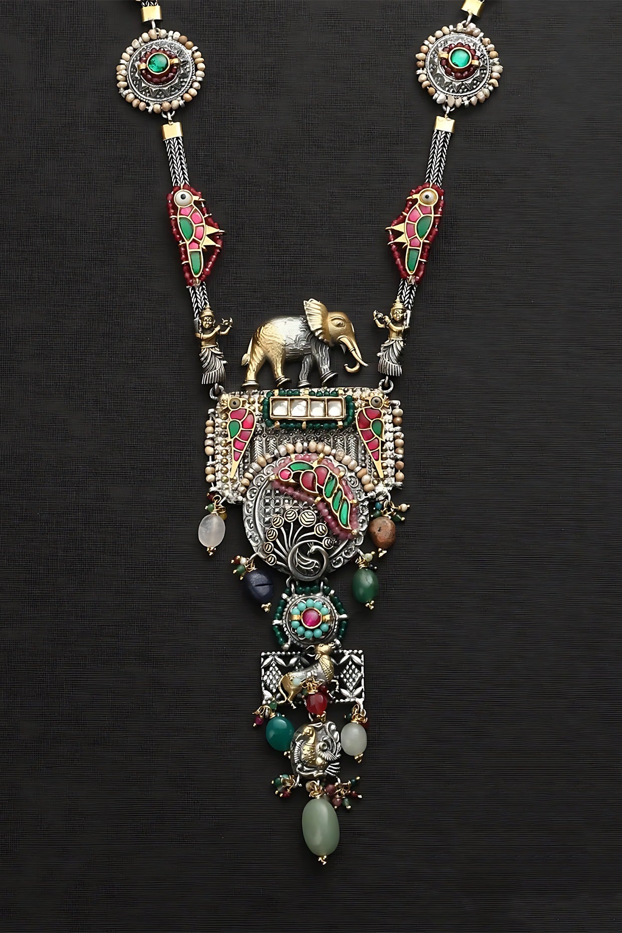 Two Tone Finish Multi-Colored Stone & Kundan Polki Temple Necklace In Sterling Silver