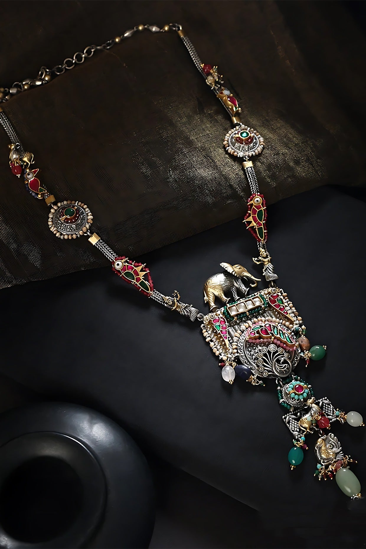 Two Tone Finish Multi-Colored Stone & Kundan Polki Temple Necklace In Sterling Silver