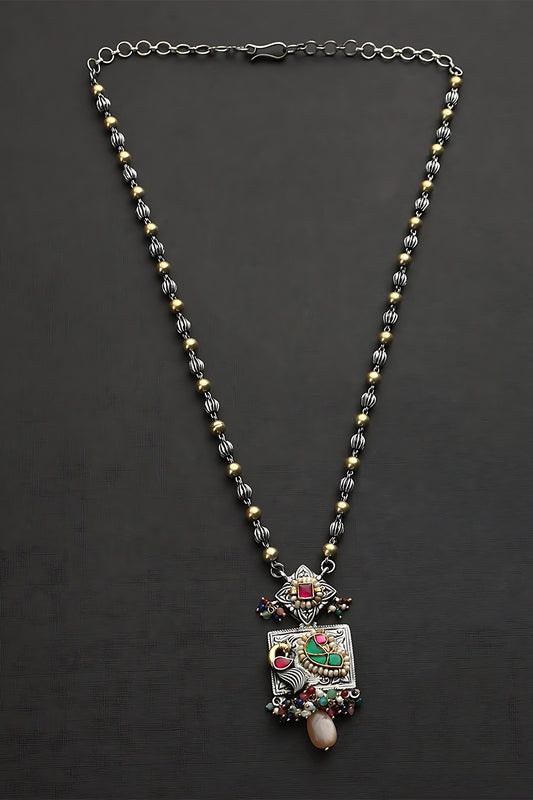 Two Tone Finish Multi-Colored Stone & Kundan Polki Long Temple Necklace In Sterling Silver