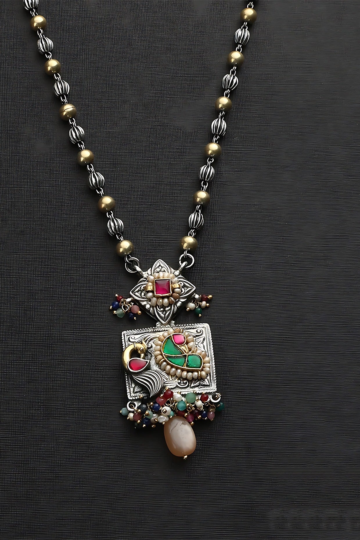 Two Tone Finish Multi-Colored Stone & Kundan Polki Long Temple Necklace In Sterling Silver