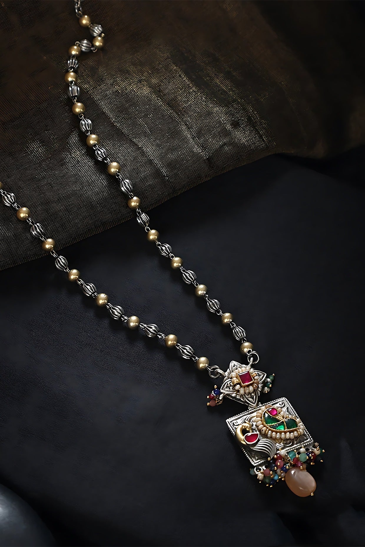 Two Tone Finish Multi-Colored Stone & Kundan Polki Long Temple Necklace In Sterling Silver