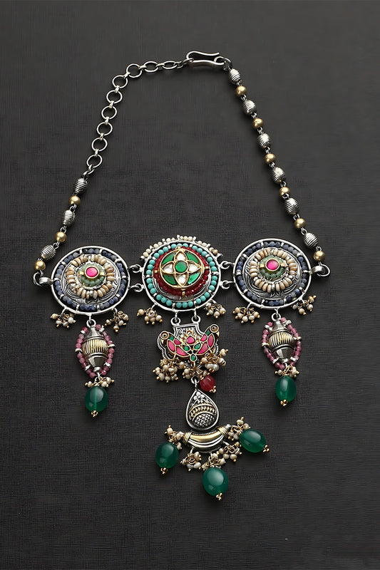 Two Tone Finish Multi-Colored Stone & Kundan Polki Temple Choker Necklace In Sterling Silver