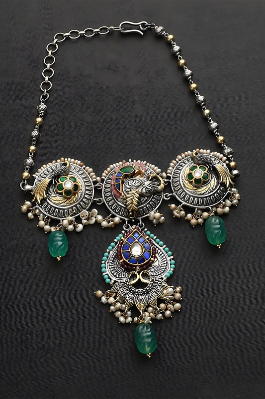 Two Tone Finish Multi-Colored Stone & Kundan Polki Temple Choker Necklace In Sterling Silver