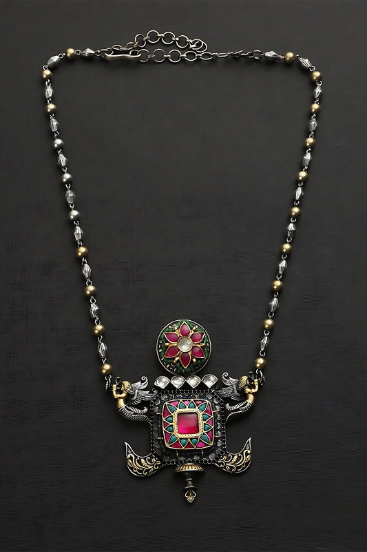 Two Tone Finish Multi-Colored Stone & Kundan Polki Long Temple Necklace In Sterling Silver