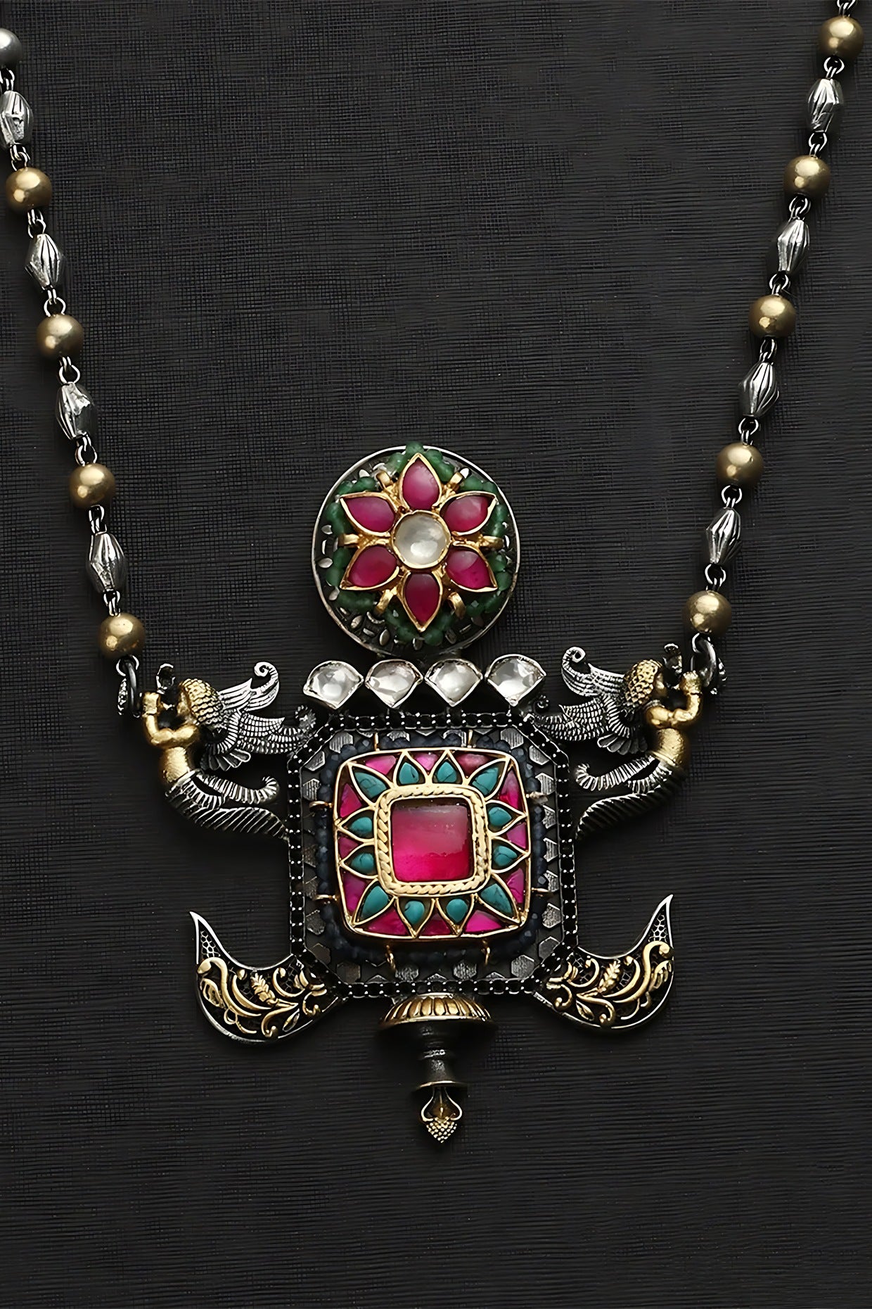 Two Tone Finish Multi-Colored Stone & Kundan Polki Long Temple Necklace In Sterling Silver