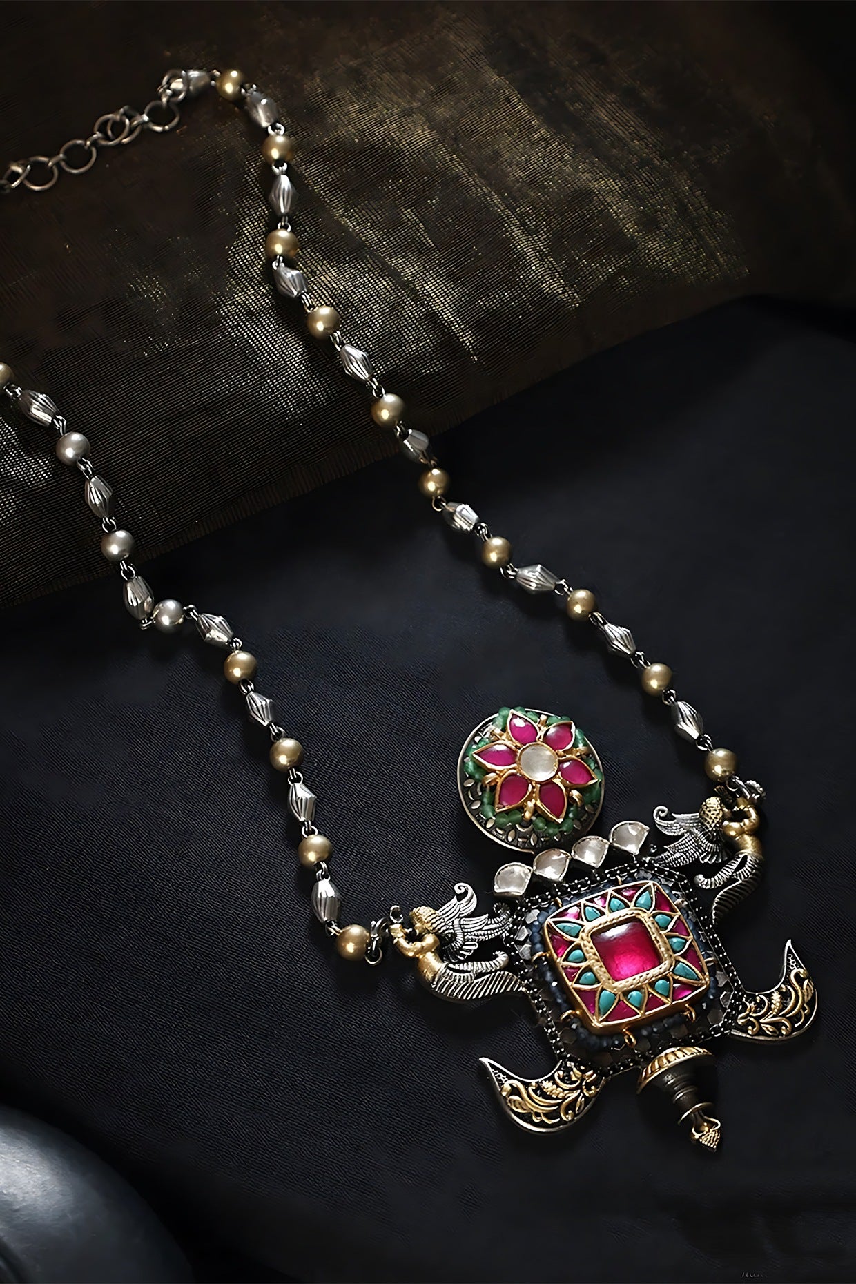 Two Tone Finish Multi-Colored Stone & Kundan Polki Long Temple Necklace In Sterling Silver