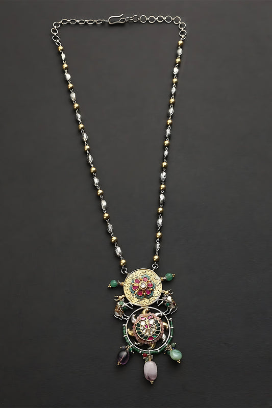 Two Tone Finish Multi-Colored Stone & Kundan Polki Boho Temple Necklace In Sterling Silver