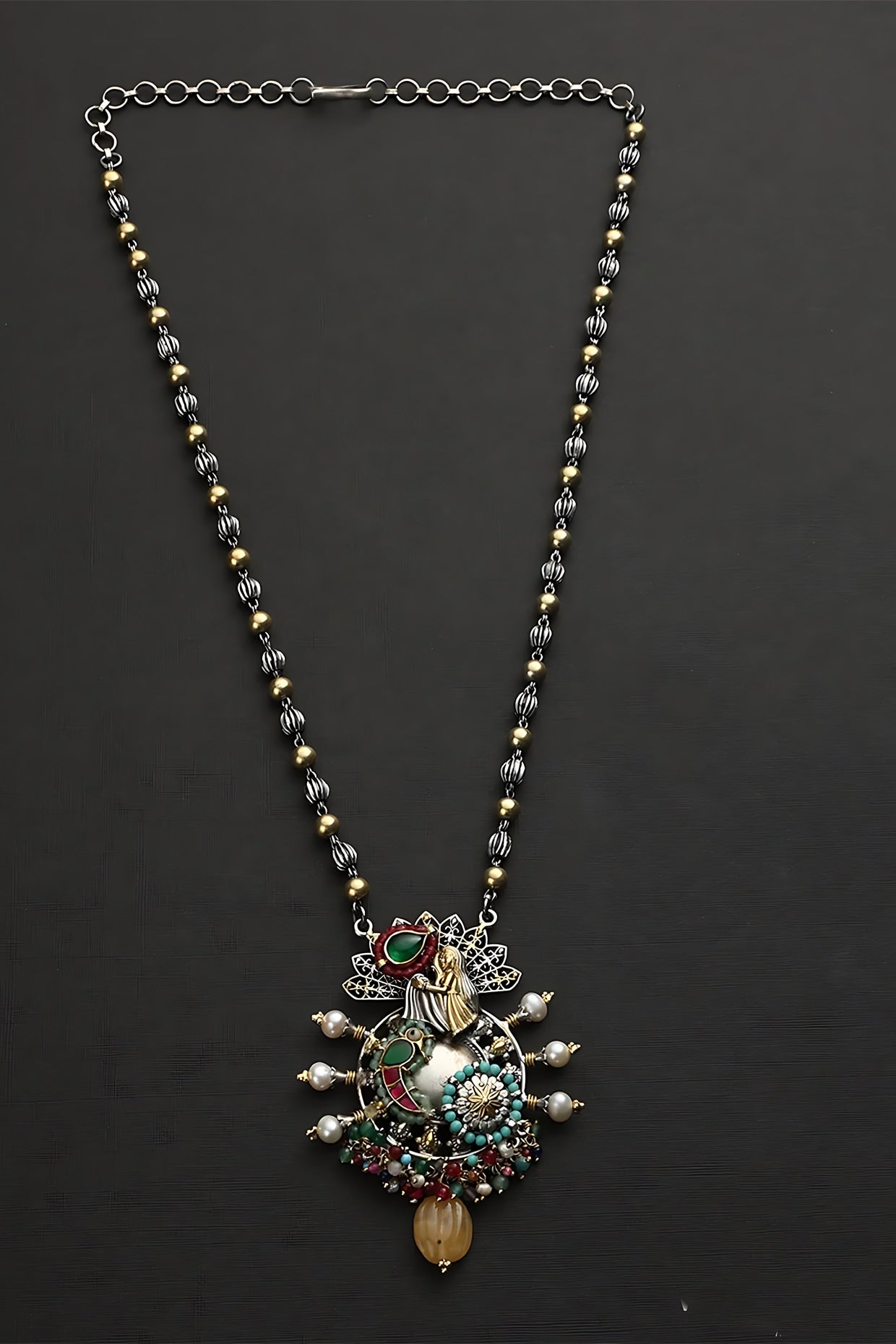 Two Tone Finish Multi-Colored Stone & Kundan Polki Temple Necklace In Sterling Silver