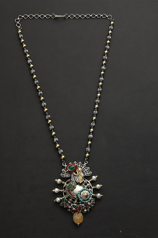 Two Tone Finish Multi-Colored Stone & Kundan Polki Temple Necklace In Sterling Silver