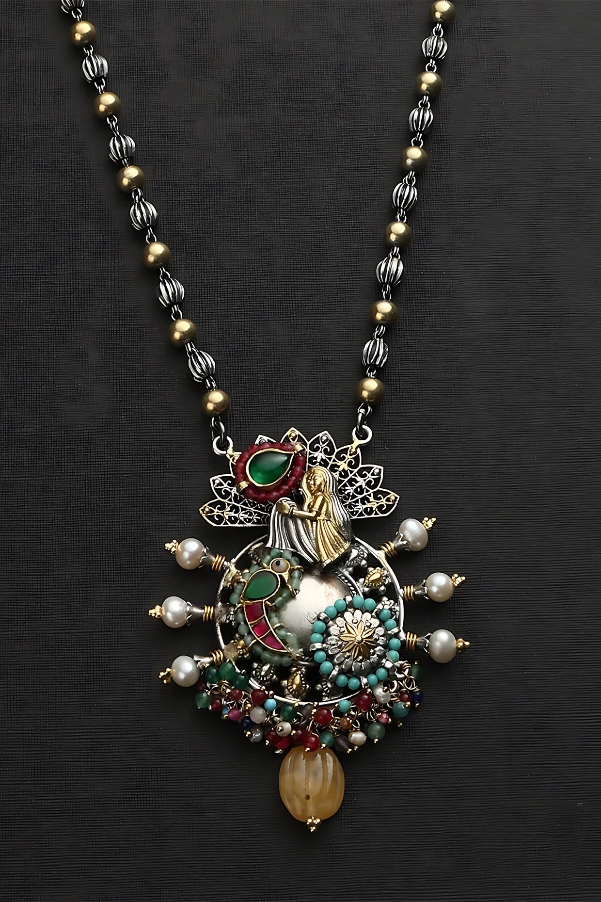 Two Tone Finish Multi-Colored Stone & Kundan Polki Temple Necklace In Sterling Silver