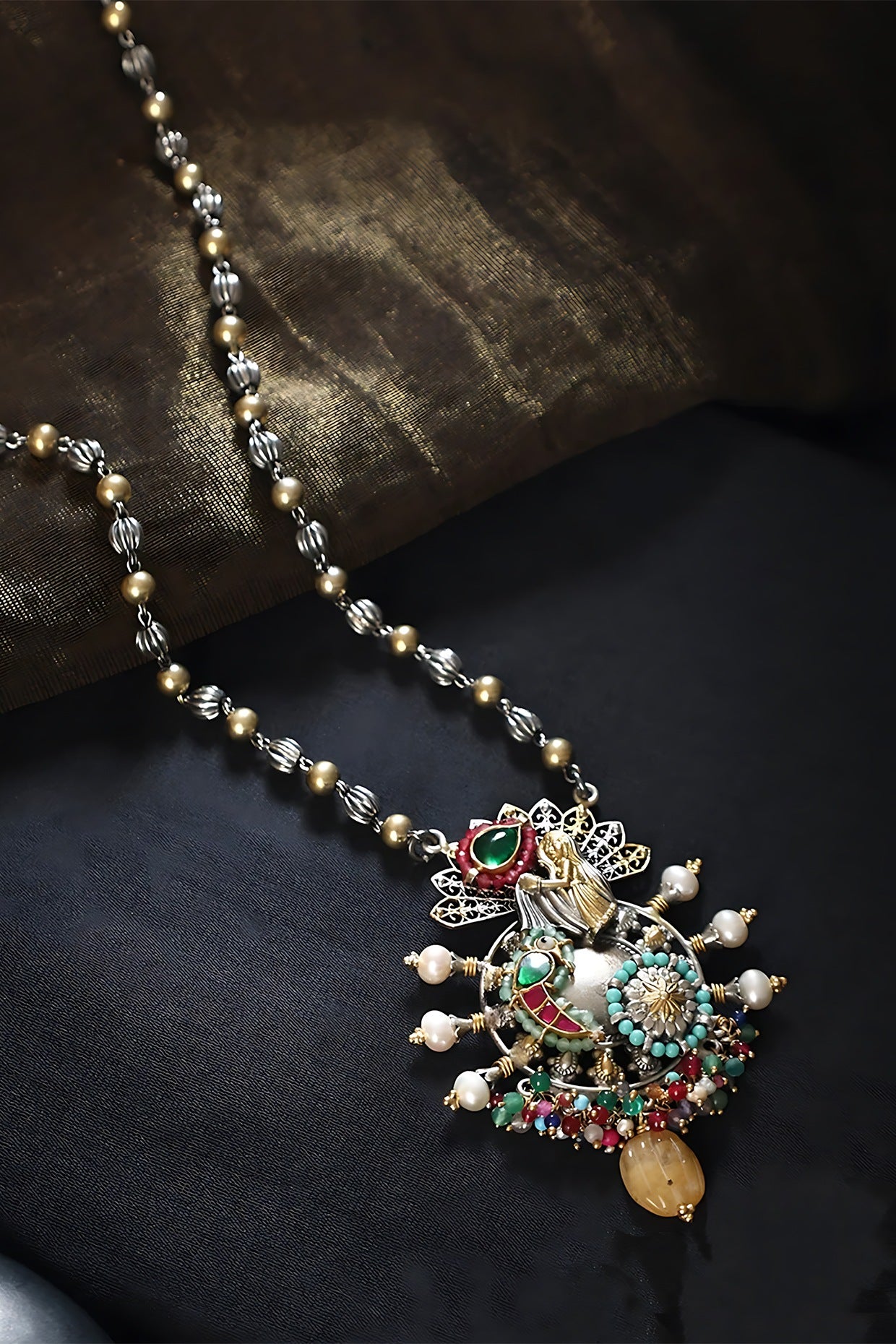 Two Tone Finish Multi-Colored Stone & Kundan Polki Temple Necklace In Sterling Silver