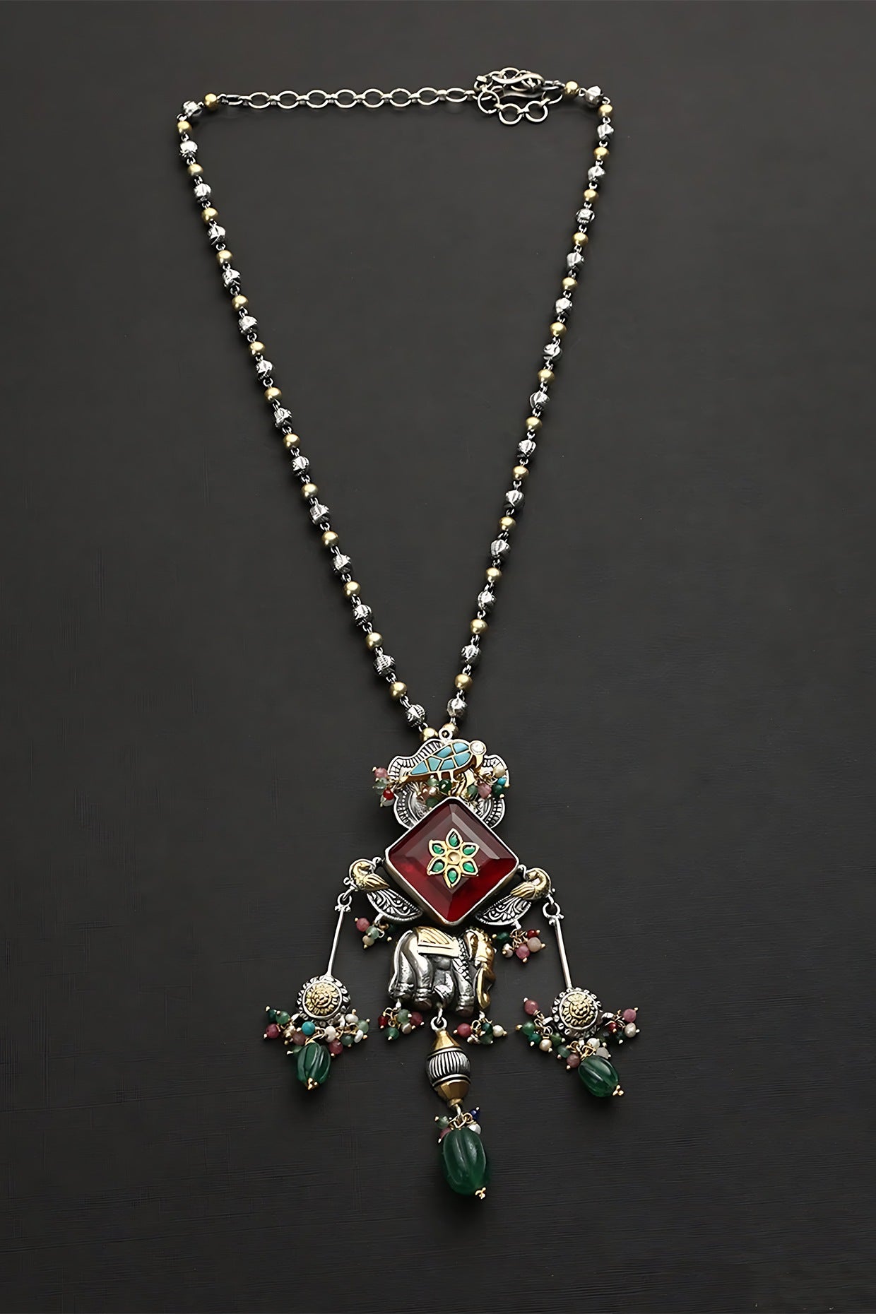 Two Tone Finish Multi-Colored Stone & Kundan Polki Temple Charm Necklace In Sterling Silver