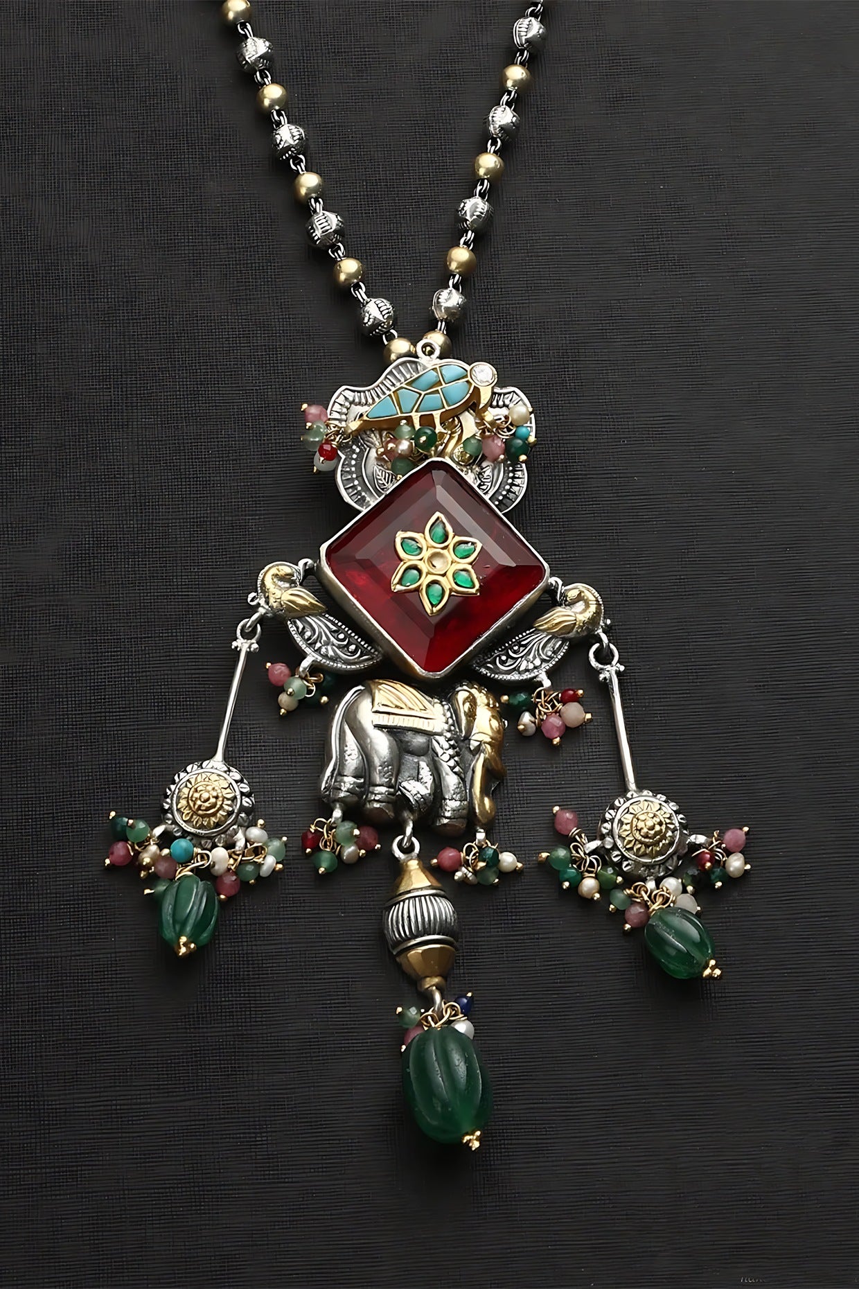 Two Tone Finish Multi-Colored Stone & Kundan Polki Temple Charm Necklace In Sterling Silver