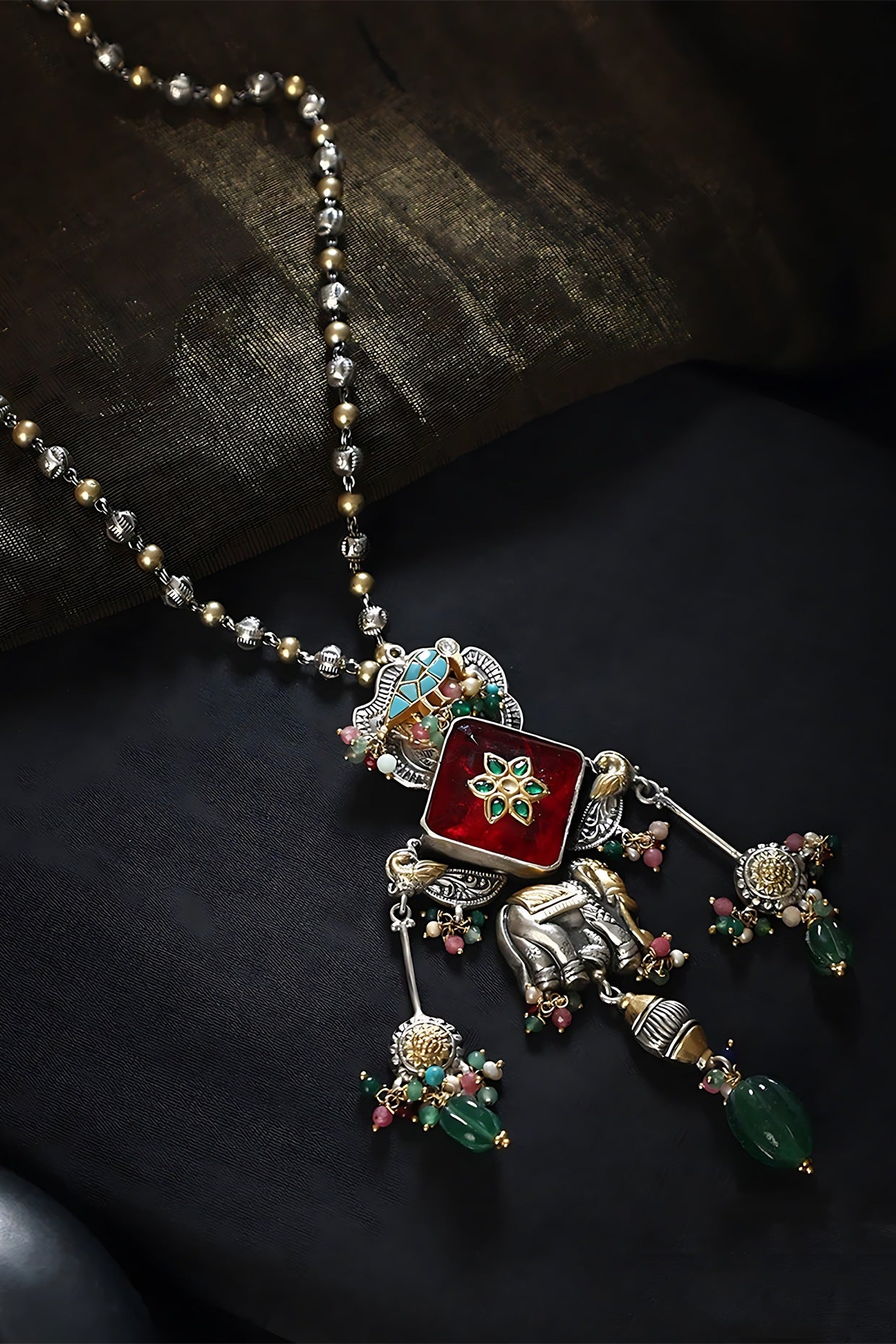 Two Tone Finish Multi-Colored Stone & Kundan Polki Temple Charm Necklace In Sterling Silver