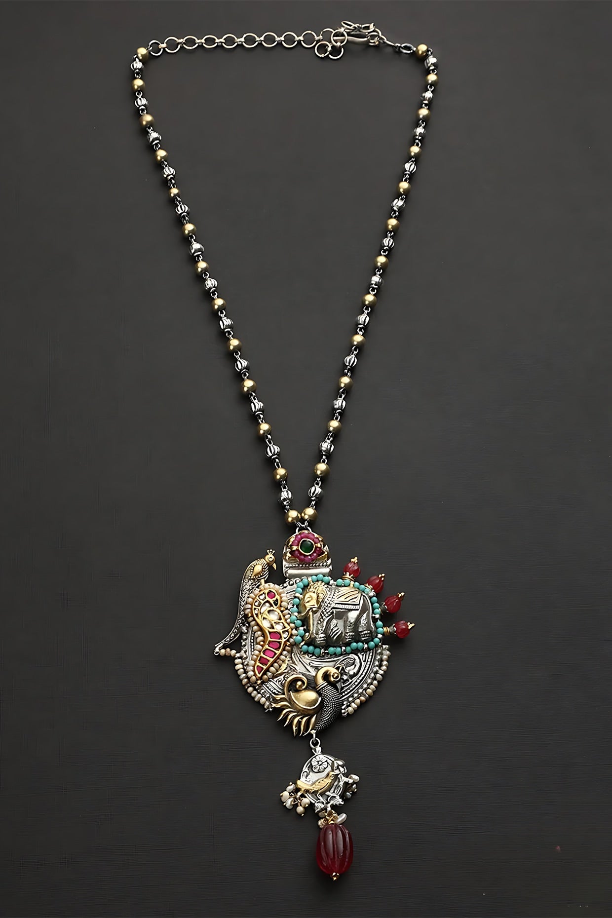 Two Tone Finish Multi-Colored Stone & Kundan Polki Long Temple Necklace In Sterling Silver