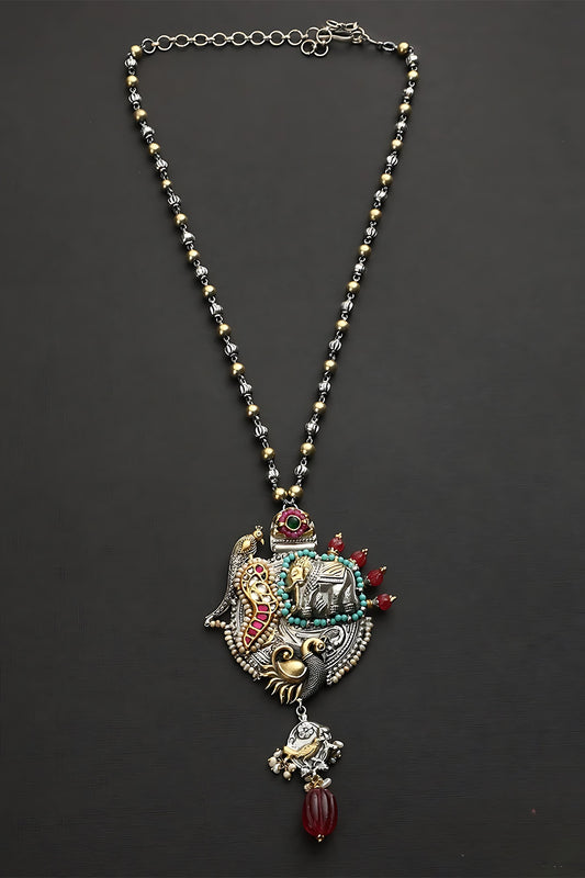 Two Tone Finish Multi-Colored Stone & Kundan Polki Long Temple Necklace In Sterling Silver