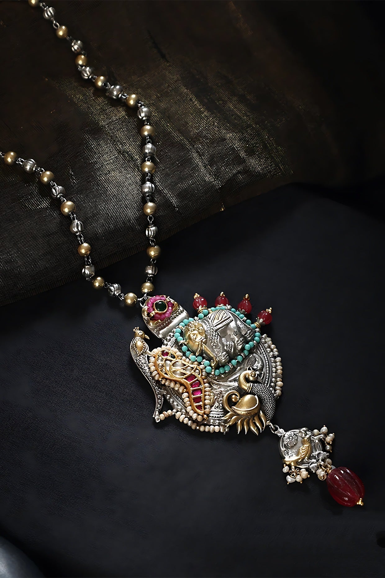 Two Tone Finish Multi-Colored Stone & Kundan Polki Long Temple Necklace In Sterling Silver