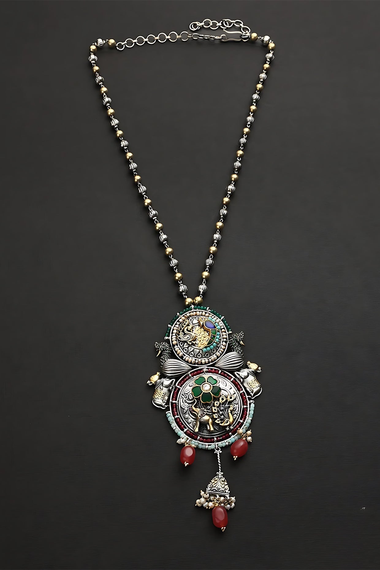 Two Tone Finish Multi-Colored Stone & Kundan Polki Long Temple Necklace In Sterling Silver