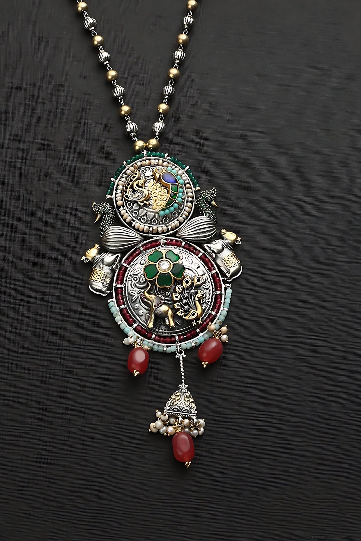 Two Tone Finish Multi-Colored Stone & Kundan Polki Long Temple Necklace In Sterling Silver