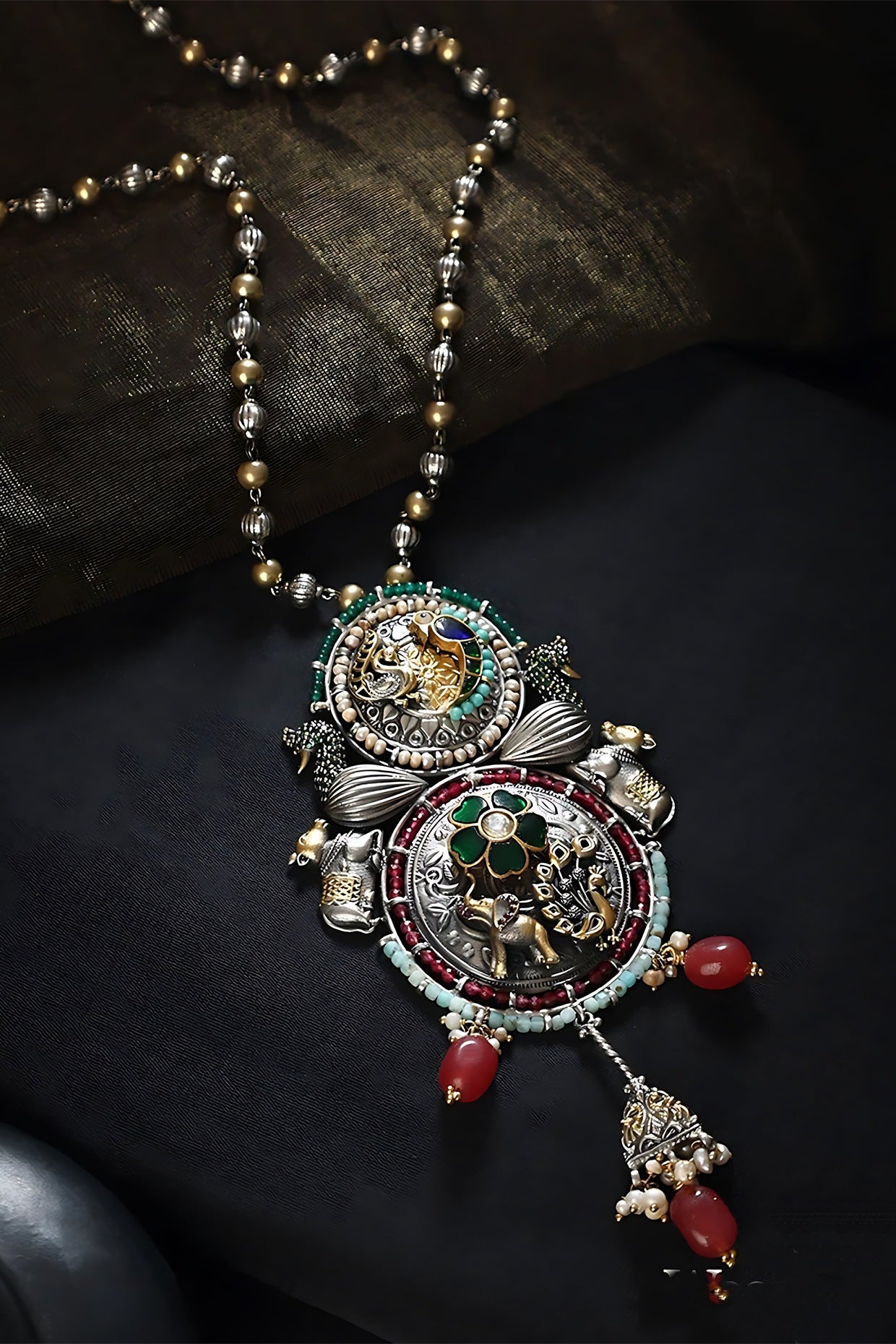 Two Tone Finish Multi-Colored Stone & Kundan Polki Long Temple Necklace In Sterling Silver