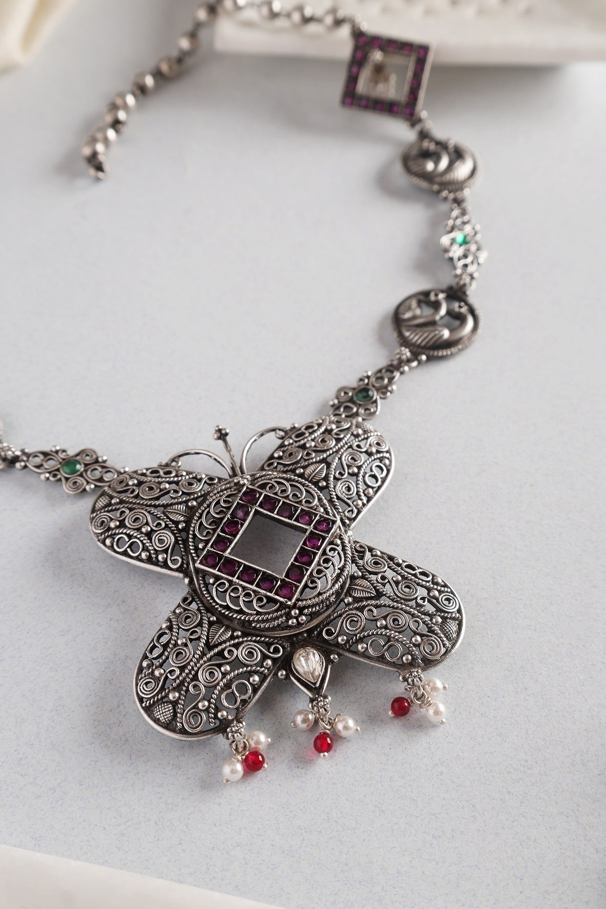 White Finish Kempstone Temple Butterfly Necklace In Sterling Silver