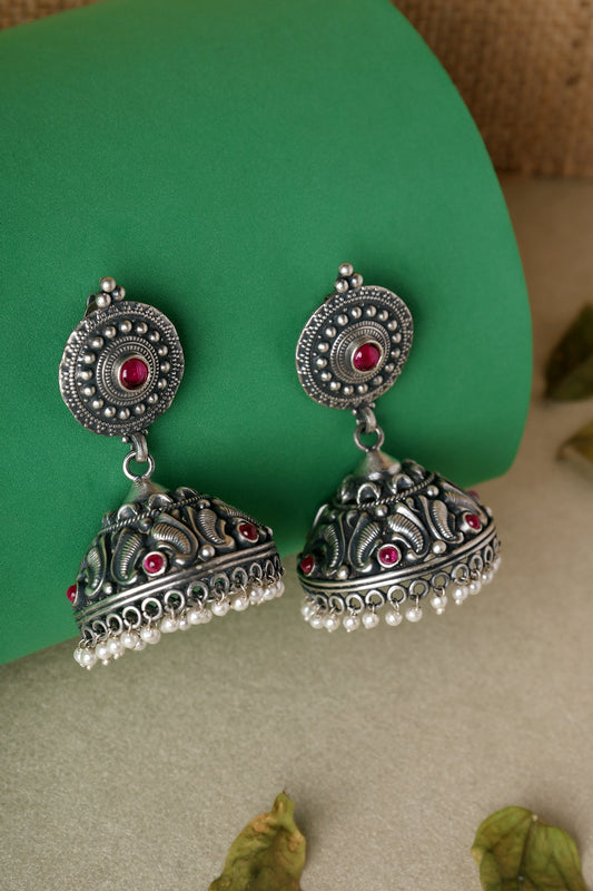 White Finish Pink Kempstone Temple Jhumka Earrings In Sterling Silver