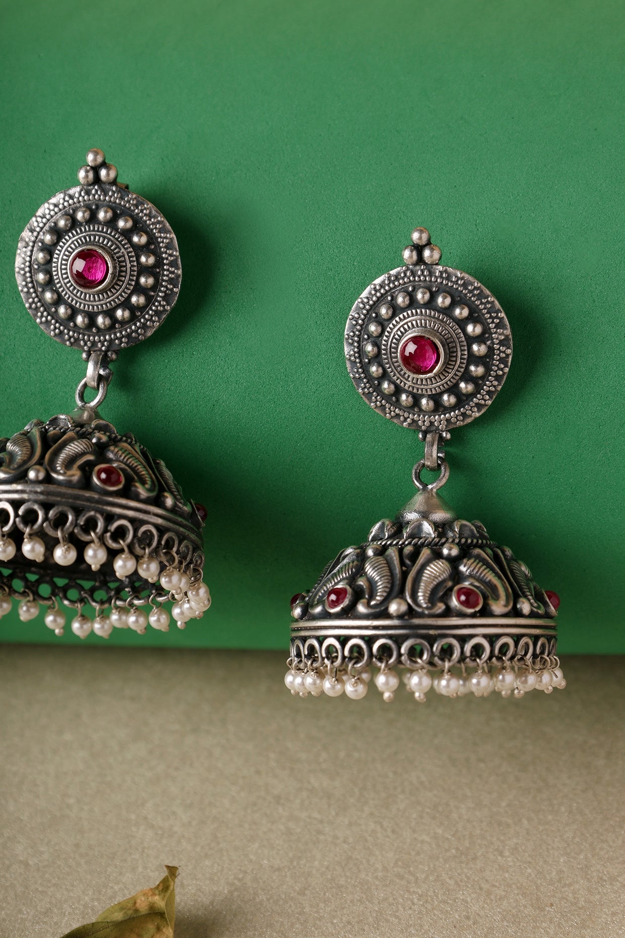 White Finish Pink Kempstone Temple Jhumka Earrings In Sterling Silver