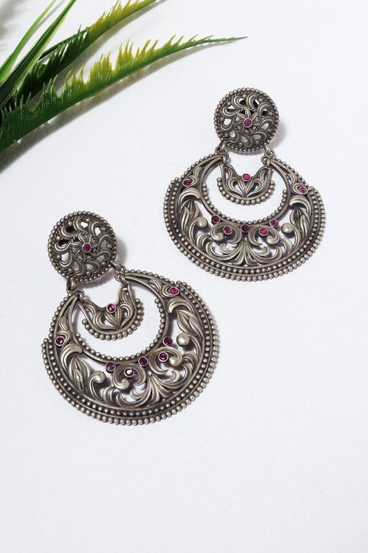 White Finish Kempstone Temple Chandbali Earrings In Sterling Silver