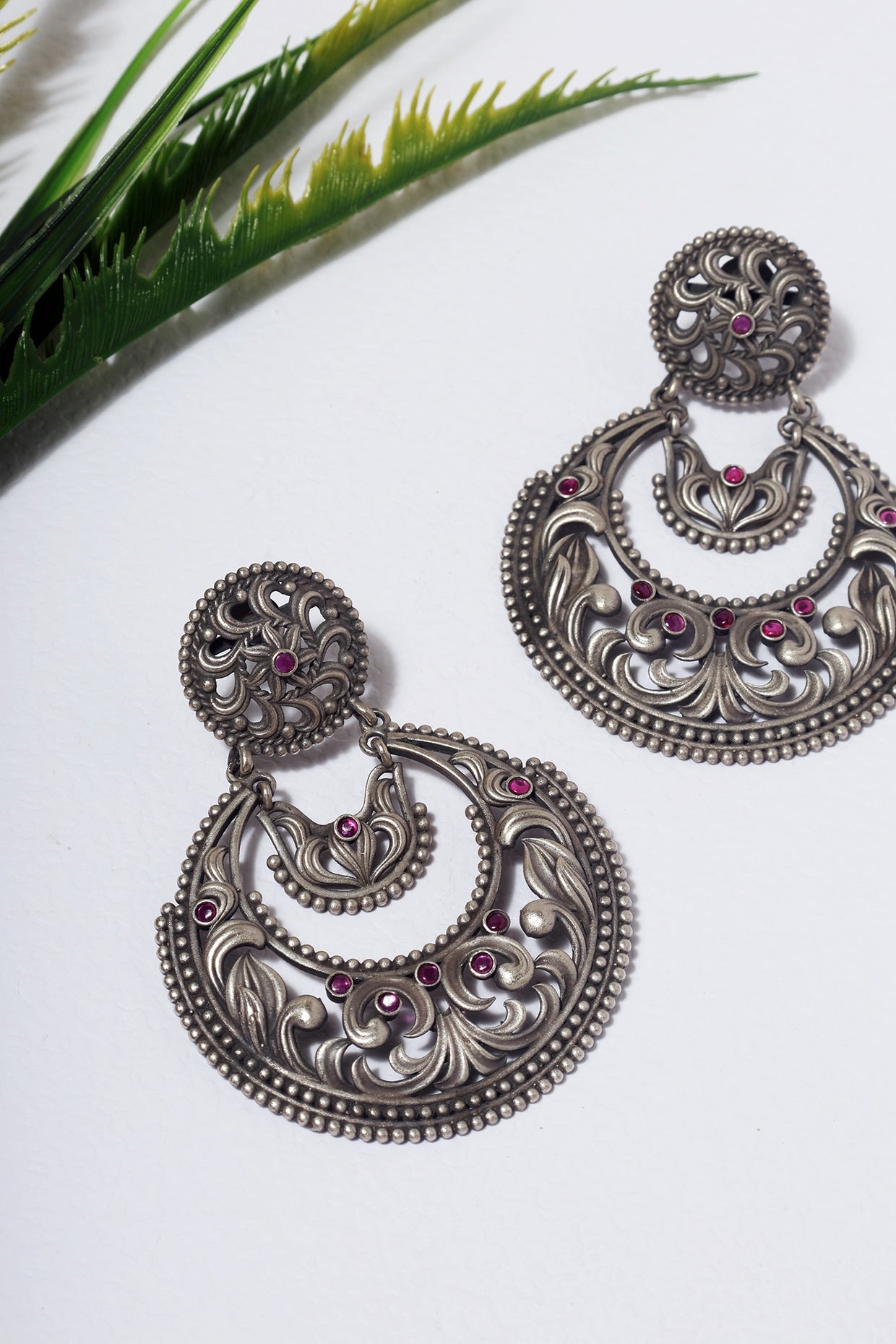 White Finish Kempstone Temple Chandbali Earrings In Sterling Silver