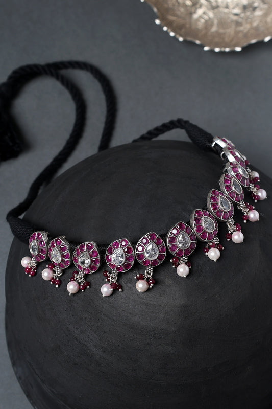 White Finish Pink Onyx & CZ Temple Choker Necklace In Sterling Silver