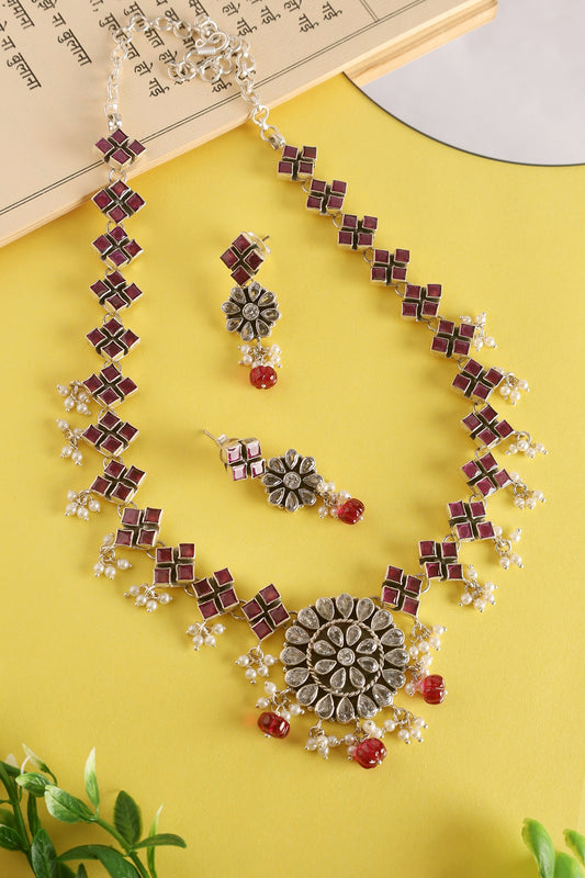 White Finish Ruby Stone & CZ Temple Floral Long Necklace Set In Sterling Silver