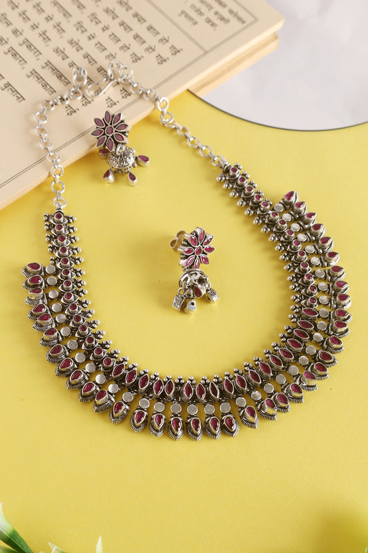 White Finish Ruby Drop Temple Necklace Set In Sterling Silver