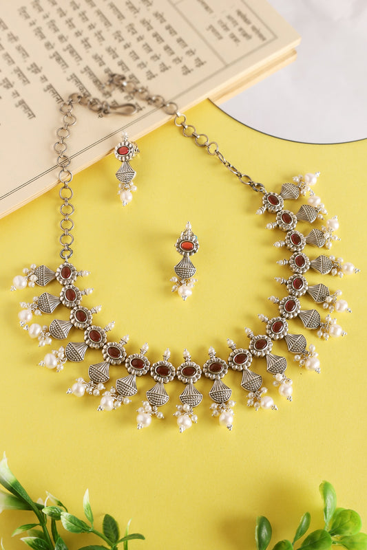 White Finish Ruby & Shell Pearl Temple Necklace Set In Sterling Silver