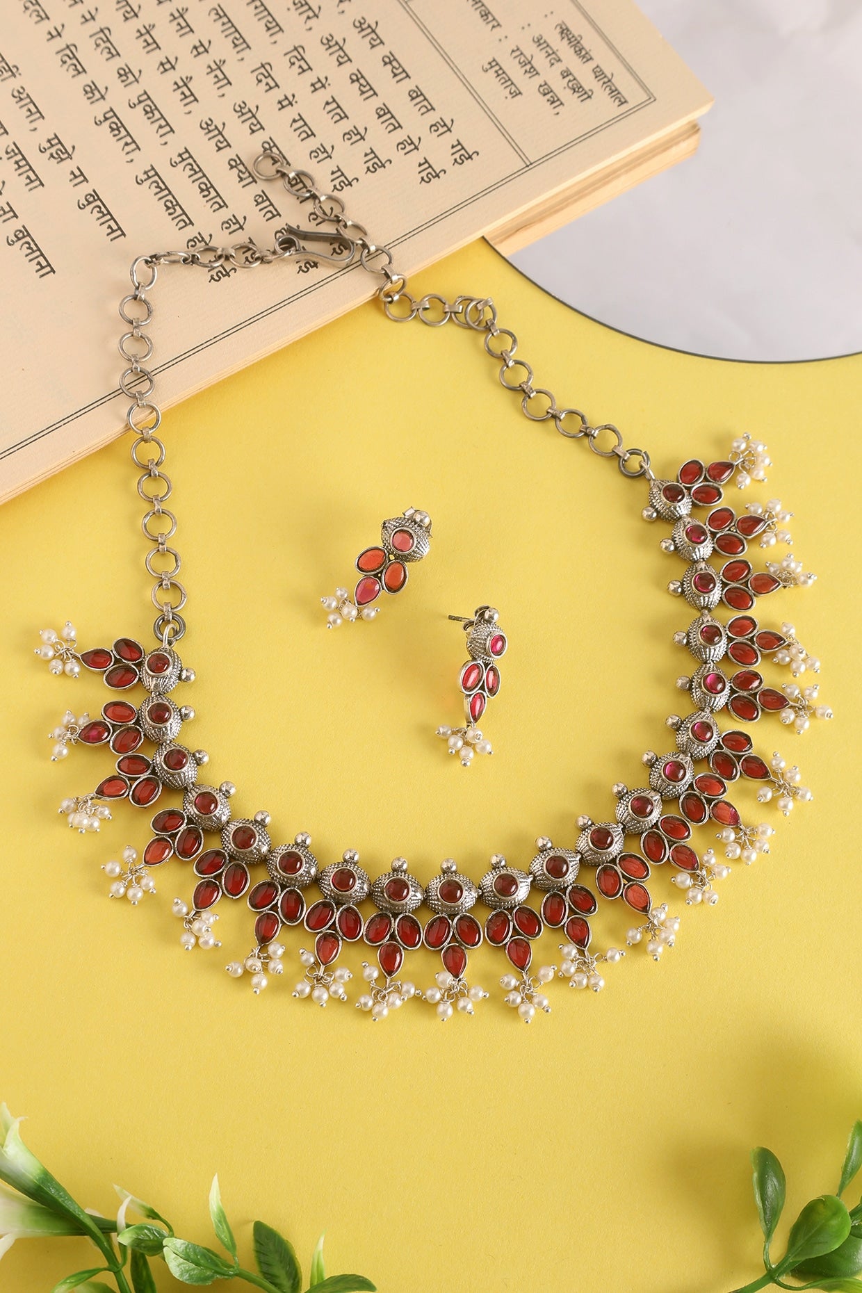 White Finish Ruby Temple Necklace Set In Sterling Silver