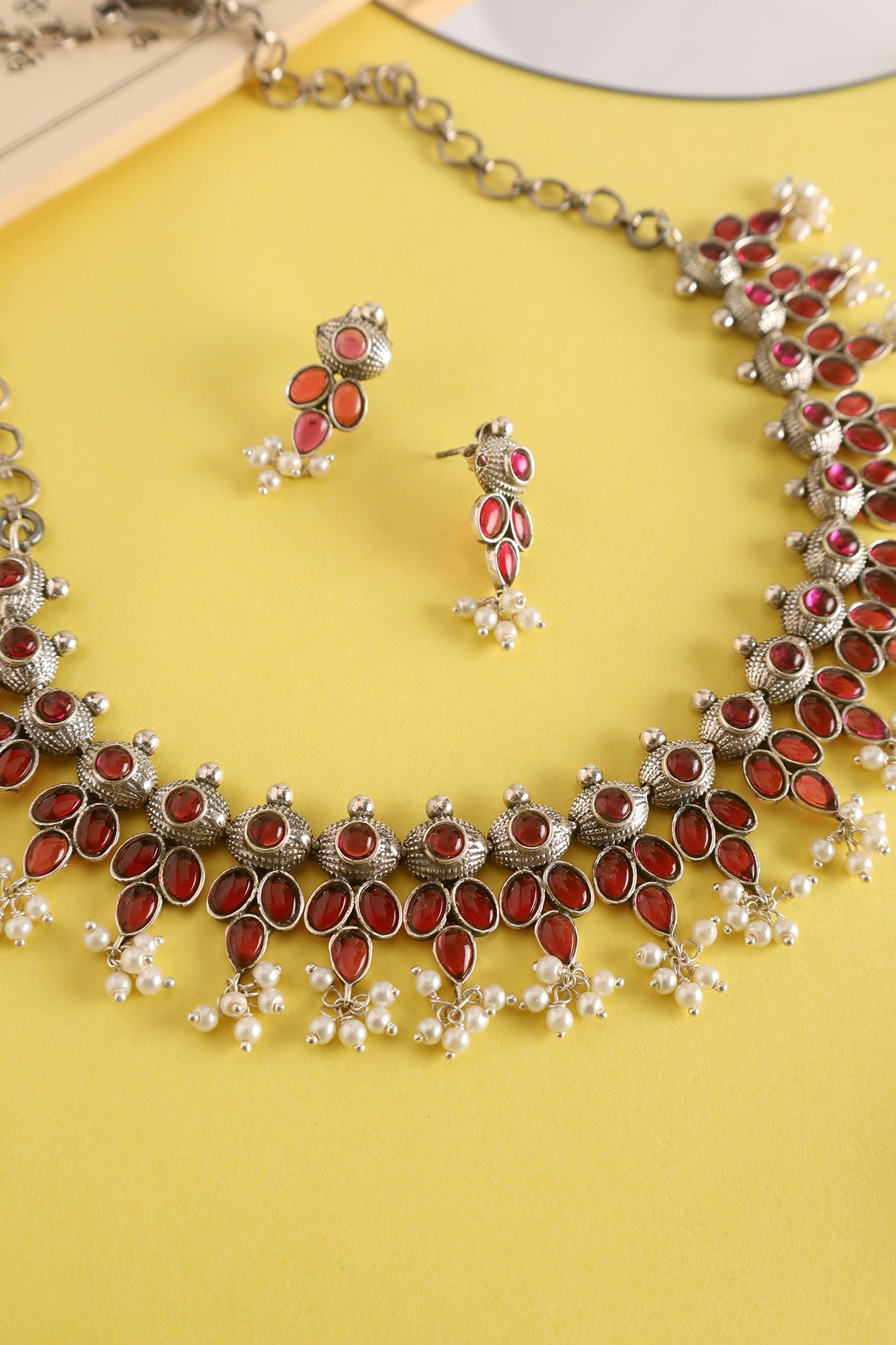 White Finish Ruby Temple Necklace Set In Sterling Silver