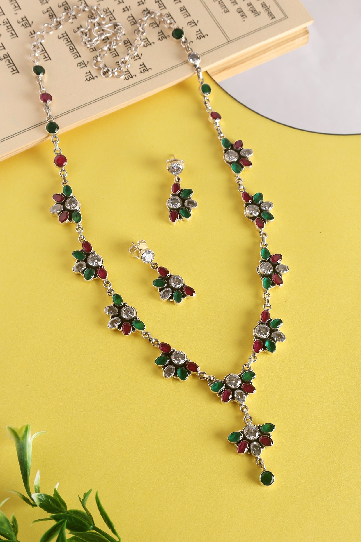 White Finish Green & Red Onyx Temple Long Necklace Set In Sterling Silver