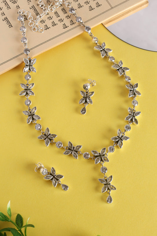 White Finish CZ Temple Floral Long Necklace Set In Sterling Silver