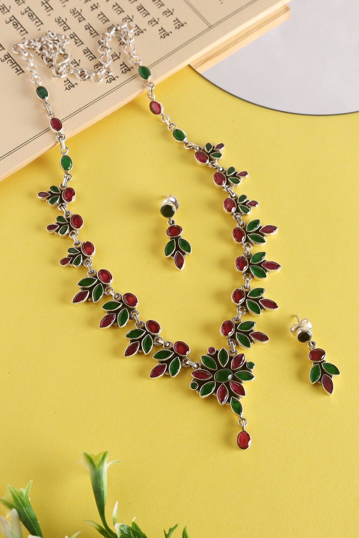 White Finish Green Onyx & CZ Temple Floral Long Necklace Set In Sterling Silver