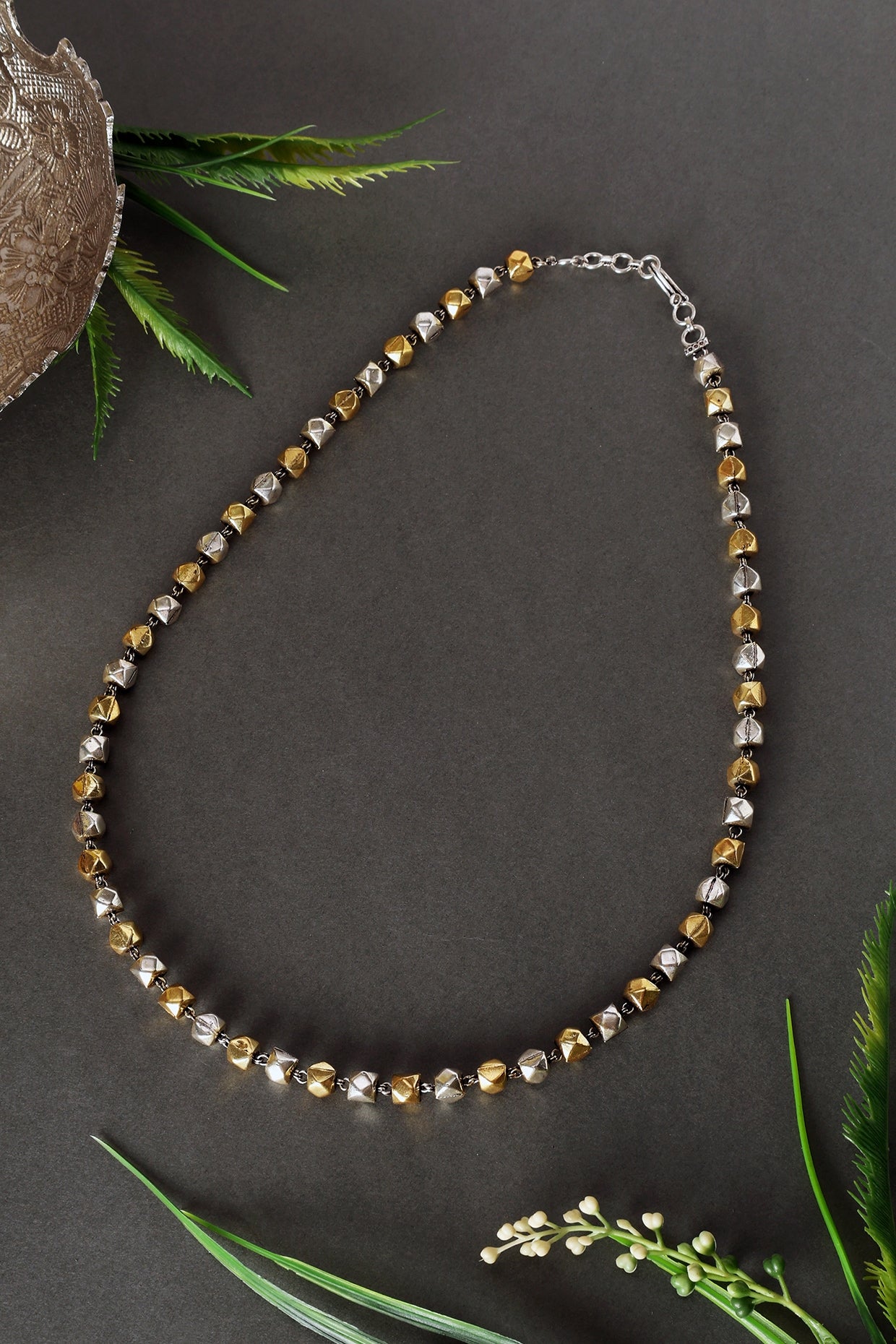 Two Tone Finish Temple Beaded Long Ashtamani Necklace In Sterling Silver