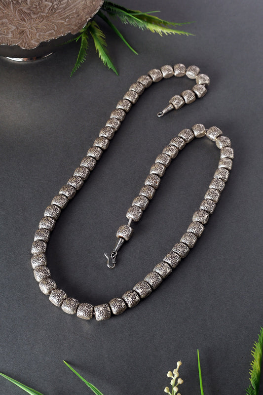 White Finish Temple Long Beaded Chain Necklace In Sterling Silver