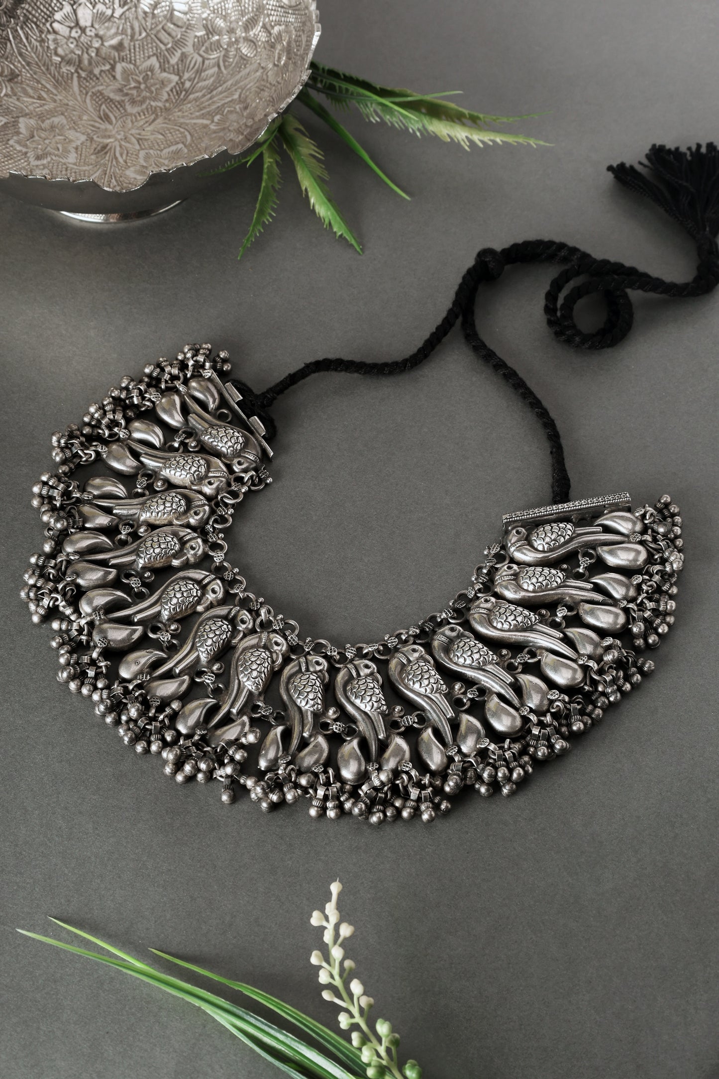 White Finish Peacock Ghungroo Necklace In Sterling Silver