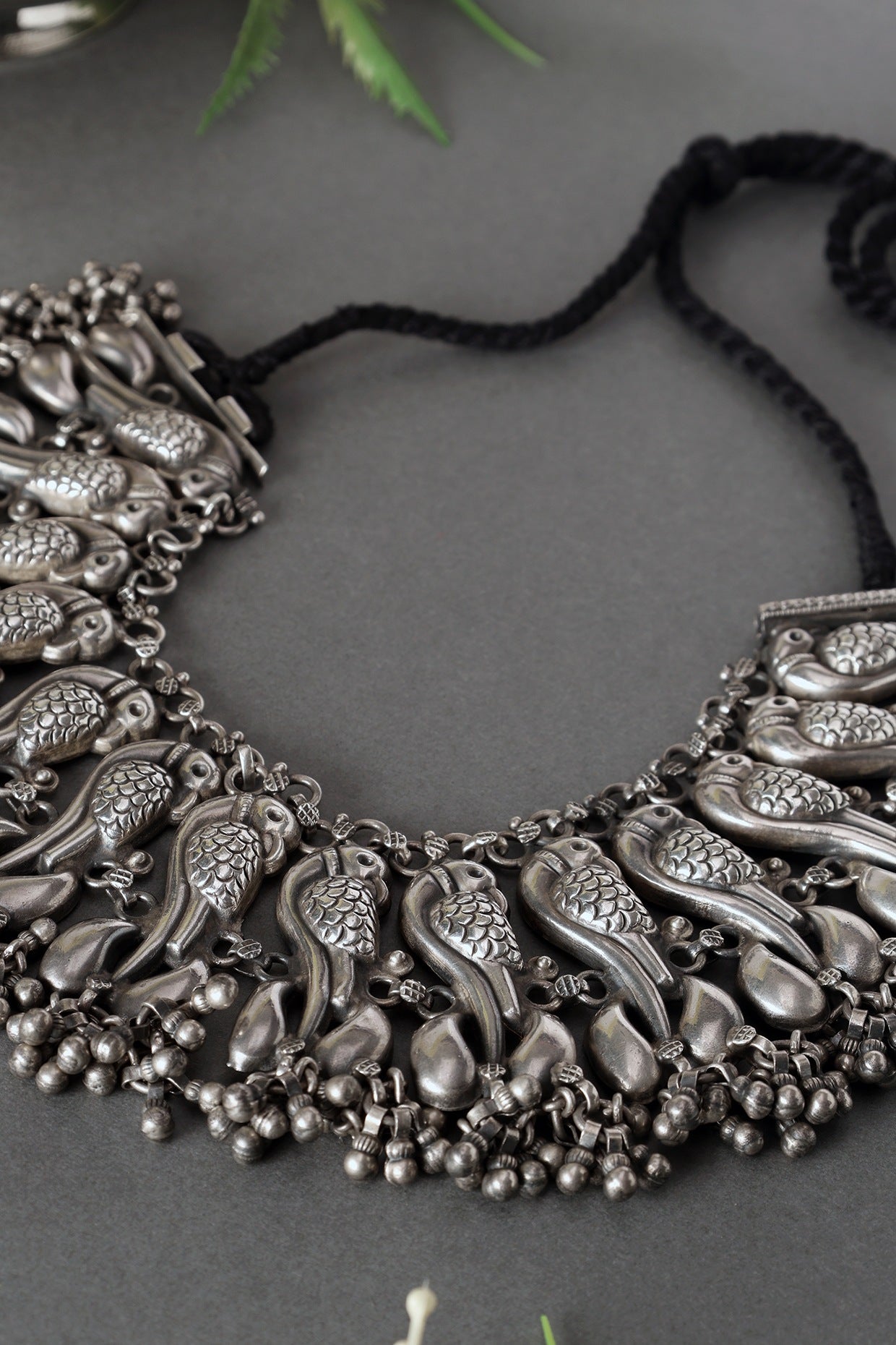 White Finish Peacock Ghungroo Necklace In Sterling Silver