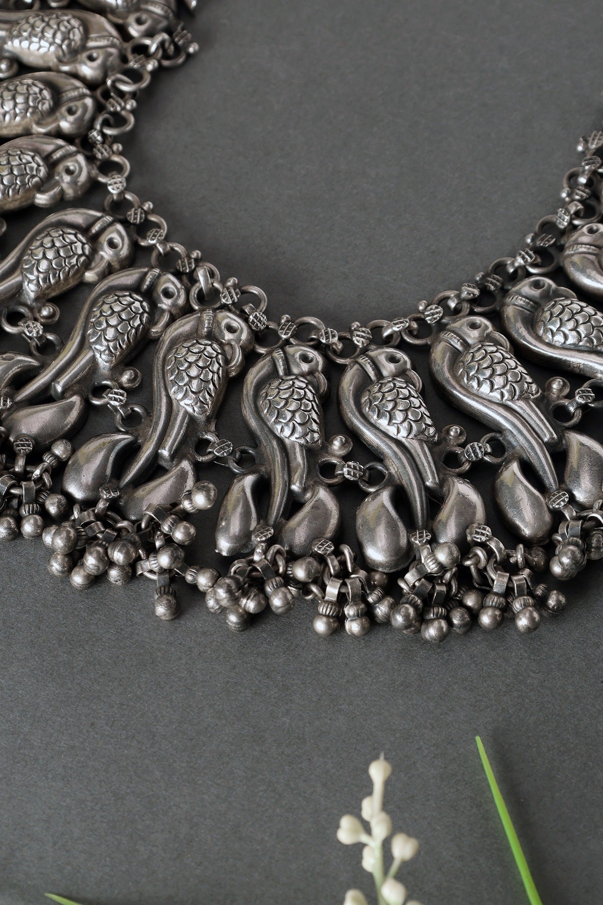 White Finish Peacock Ghungroo Necklace In Sterling Silver