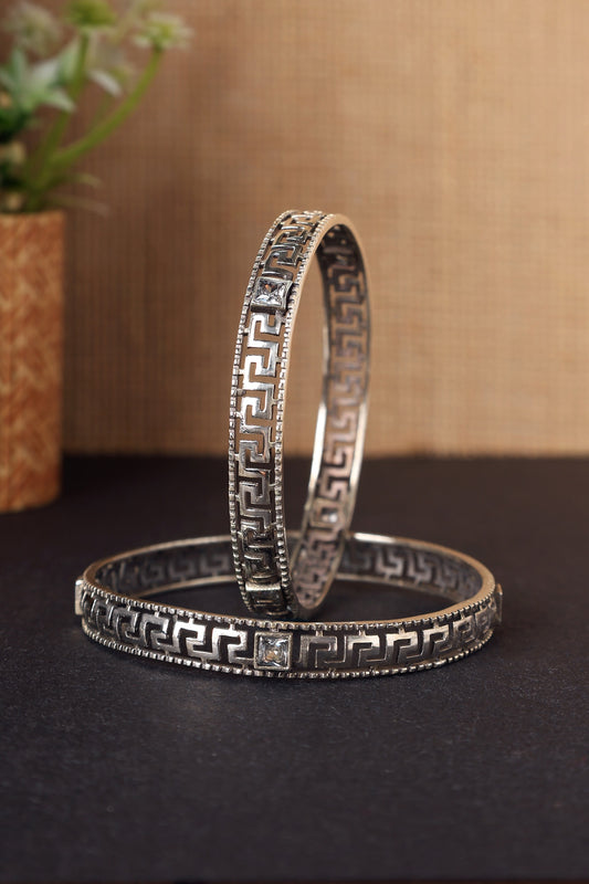 White Finish CZ Temple Bangles In Sterling Silver (Set Of 2)