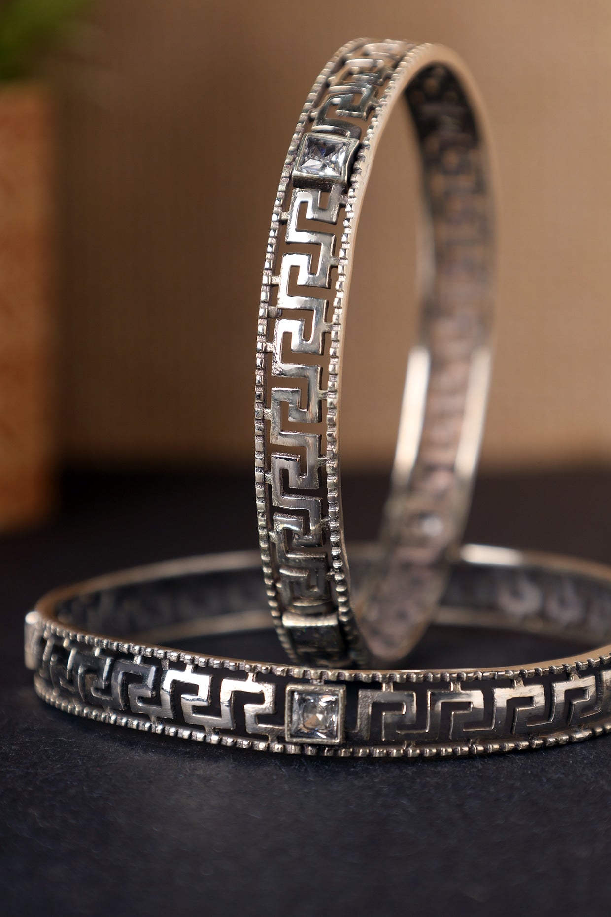 White Finish CZ Temple Bangles In Sterling Silver (Set Of 2)