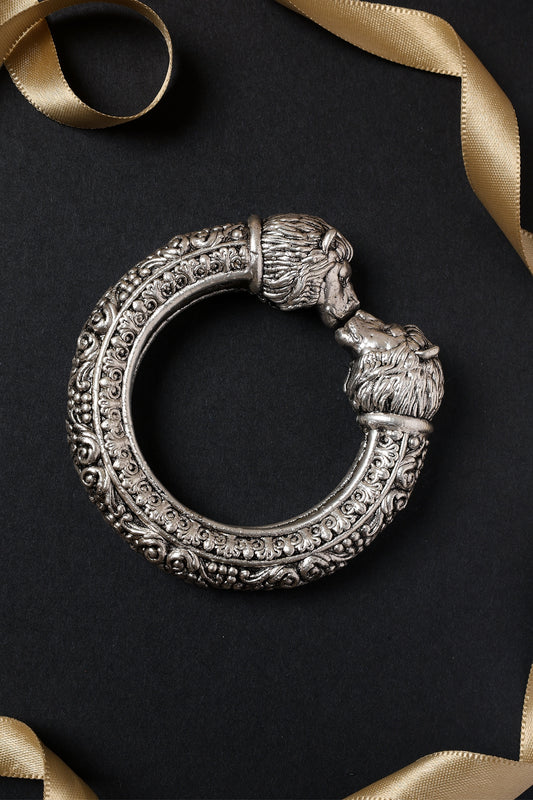 White Finish Vintage Temple Lion Kada In Sterling Silver