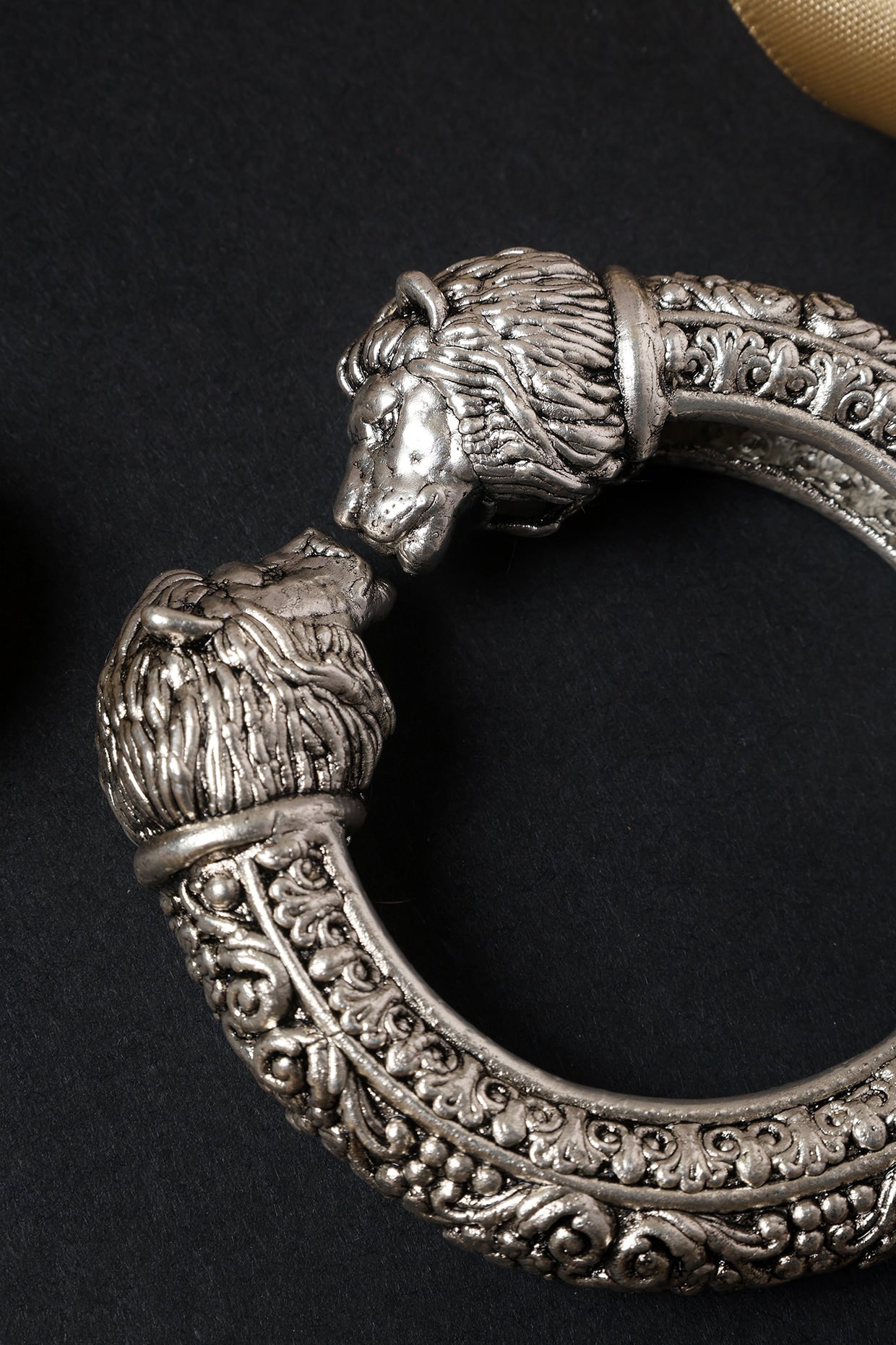 White Finish Vintage Temple Lion Kada In Sterling Silver