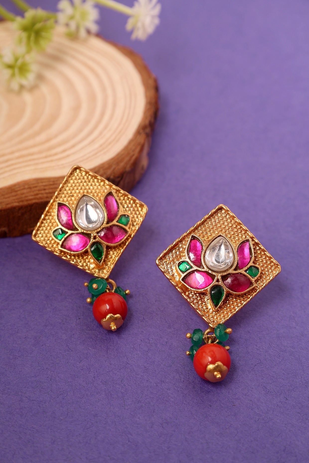 Gold Plated Kundan Polki Temple Lotus Dangler Earrings In Sterling Silver