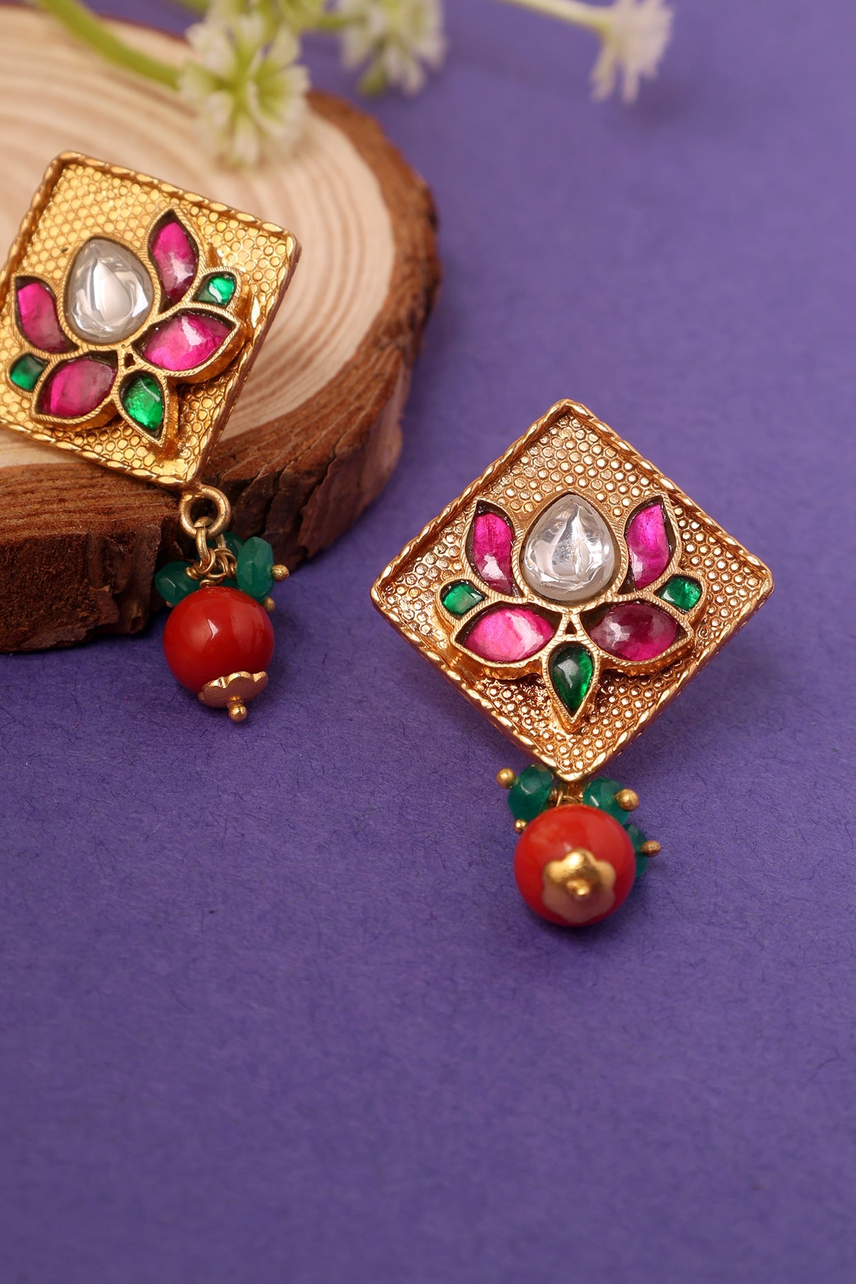 Gold Plated Kundan Polki Temple Lotus Dangler Earrings In Sterling Silver