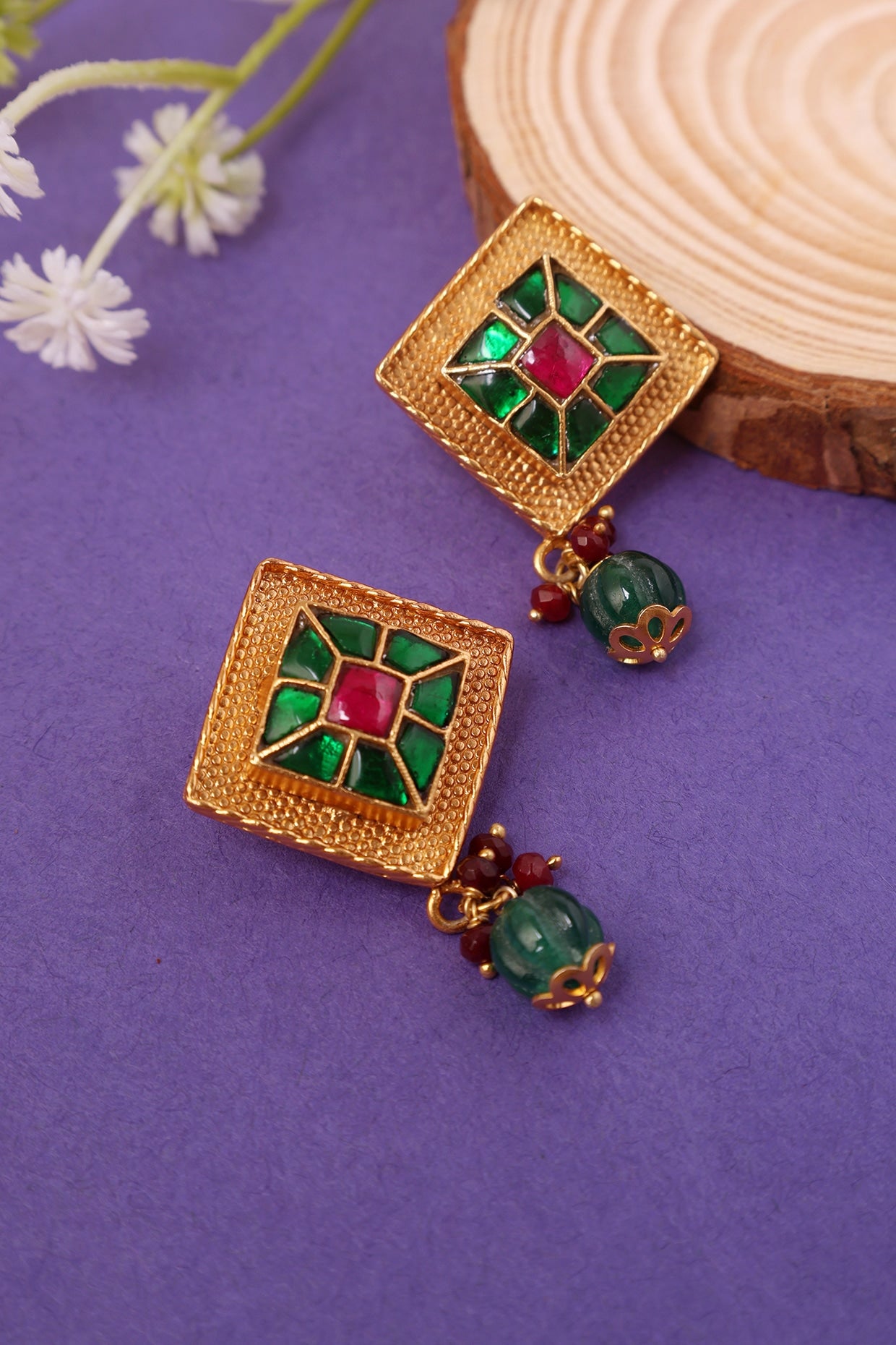 Gold Plated Kundan Polki Temple Dangler Earrings In Sterling Silver